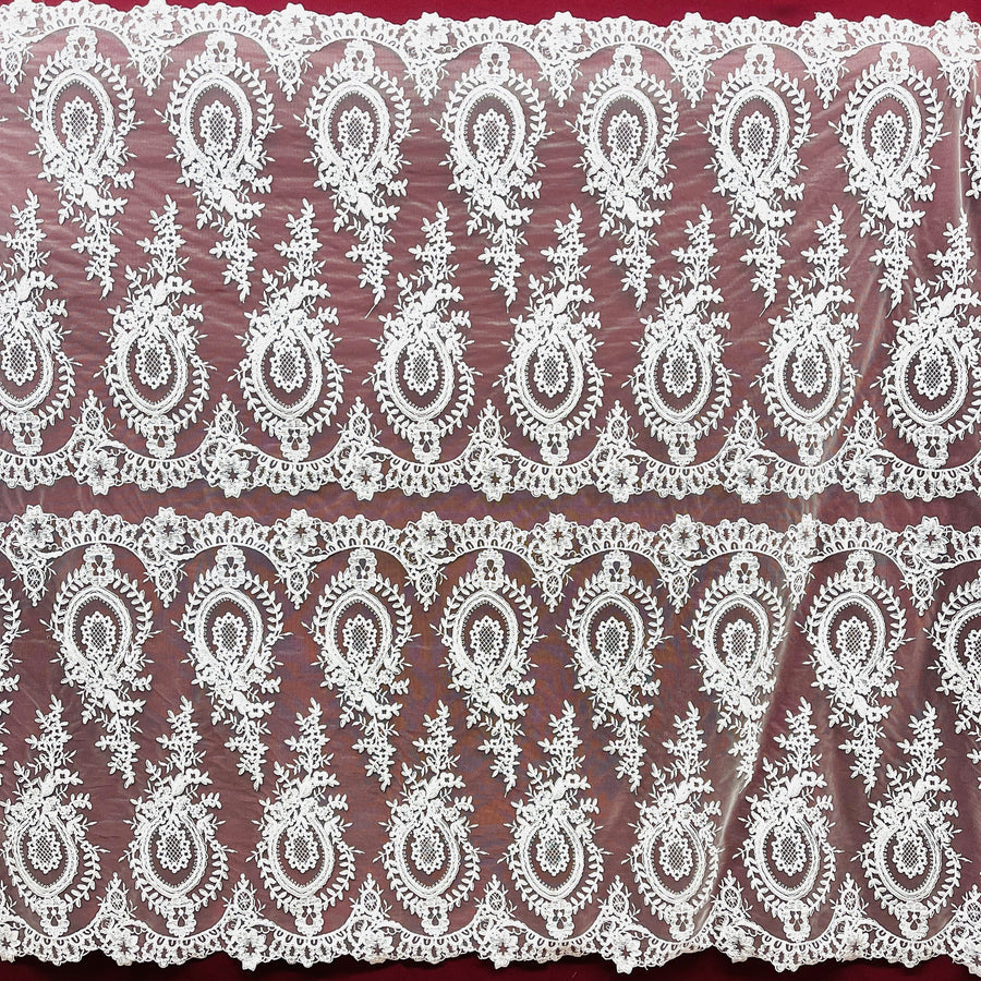 1 Yard Corded Bridal Lace Fabric Embroidered on 100% Polyester Net