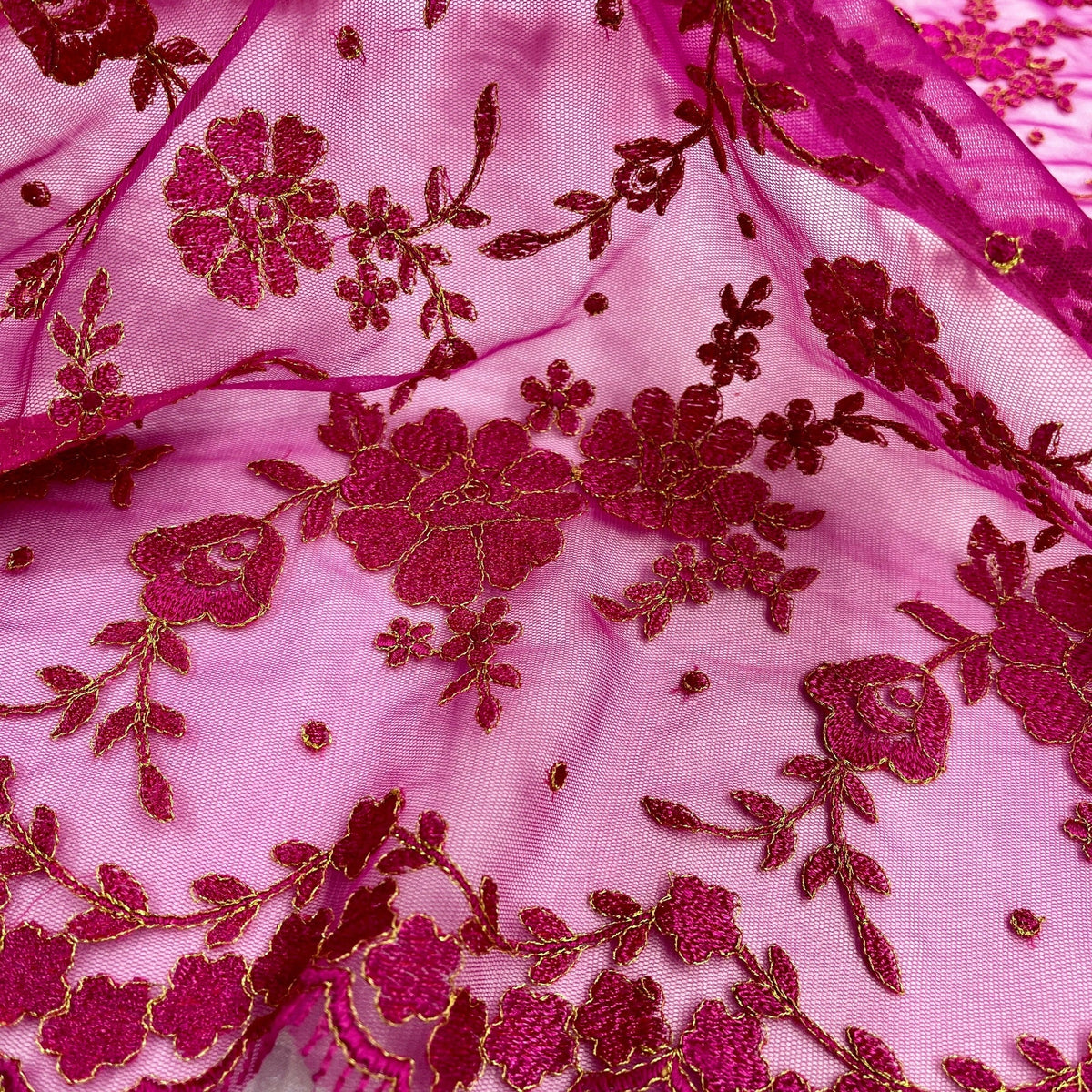 1 Yard Elegant Floral Embroidered Lace Fabric on Polyester Mesh, 52" Wide