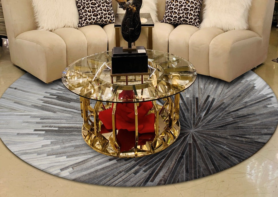 Leather Patchwork Cowhide Area Rug - Patchwork Cowhide Fabric, White/Brown, 5' X 7', 8' X 8' Round, 8' X 10', 9' X 12' (1 Unit)