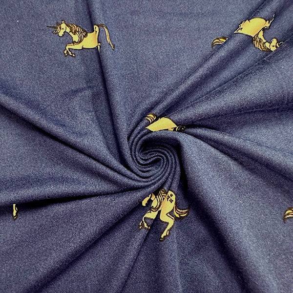 1 Yard Dark Blue Unicorn Print Double Brushed Jersey Knit Fabric Polyester Spandex 58 Inches Wide