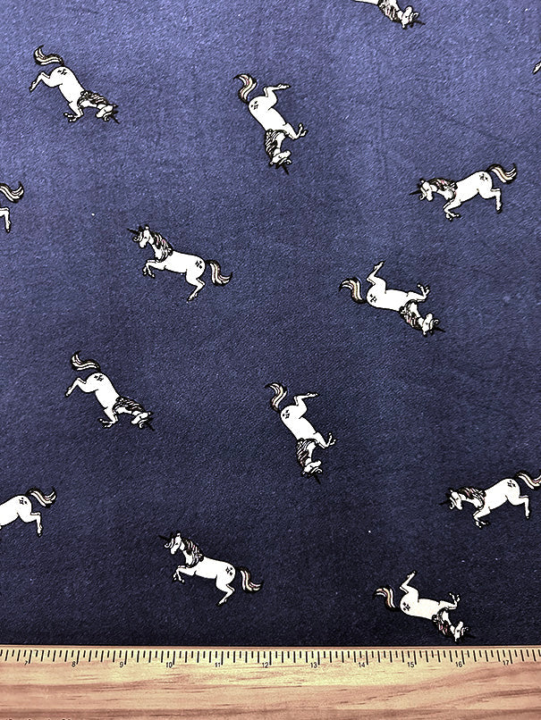 1 Yard Dark Blue Unicorn Print Double Brushed Jersey Knit Fabric Polyester Spandex 58 Inches Wide