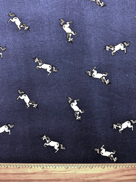 1 Yard Dark Blue Unicorn Print Double Brushed Jersey Knit Fabric Polyester Spandex 58 Inches Wide
