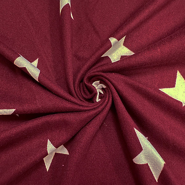 1 Yard Maroon Star Print Double Brushed Jersey Knit Fabric Polyester Spandex 58 Inches Wide