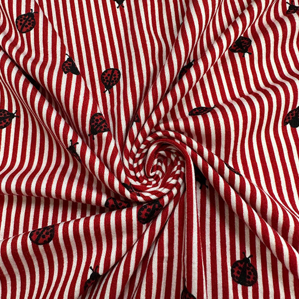 1 Yard Red Stripe Ladybug Print Double Brushed Jersey Knit Fabric Stretch 58 Inches Wide