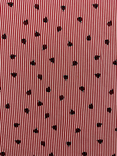 1 Yard Red Stripe Ladybug Print Double Brushed Jersey Knit Fabric Stretch 58 Inches Wide