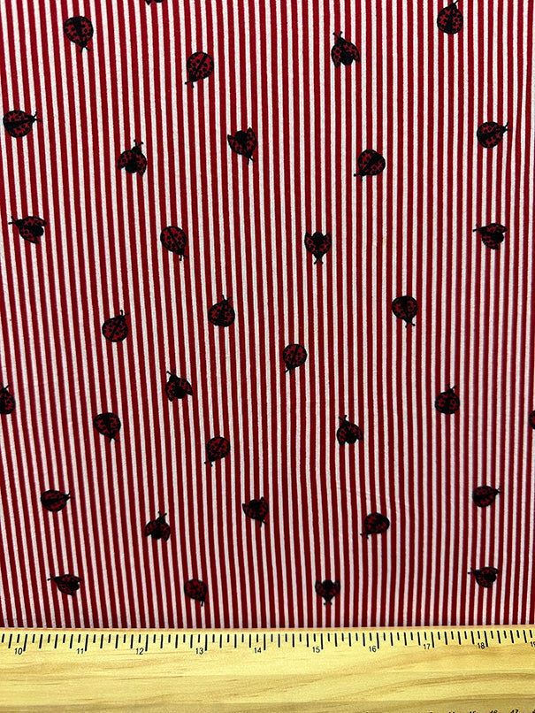 1 Yard Red Stripe Ladybug Print Double Brushed Jersey Knit Fabric Stretch 58 Inches Wide