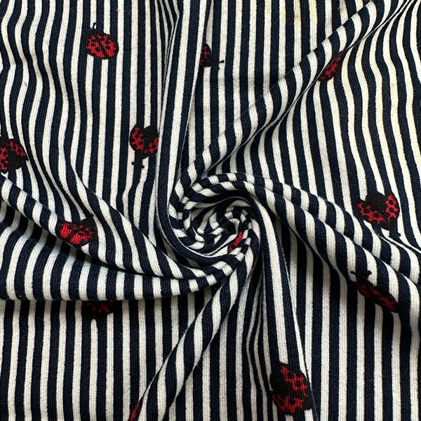 1 Yard Navy Blue Striped Double Brushed Jersey Knit Fabric with Ladybug Motif 58 Inches Width