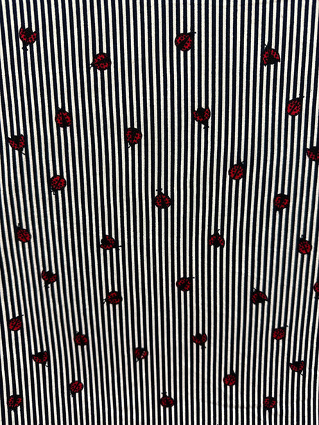 1 Yard Navy Blue Striped Double Brushed Jersey Knit Fabric with Ladybug Motif 58 Inches Width