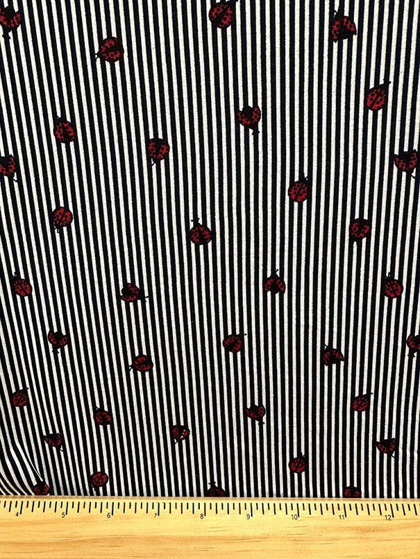 1 Yard Navy Blue Striped Double Brushed Jersey Knit Fabric with Ladybug Motif 58 Inches Width