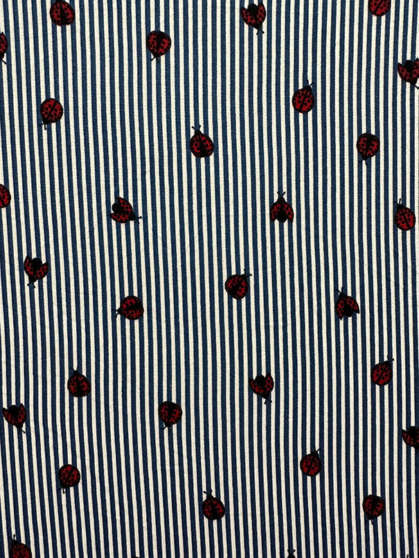 1 Yard Stretchy Double Brushed Jersey Knit Fabric with Blue Stripes & Ladybug Design 58 Inches Wide