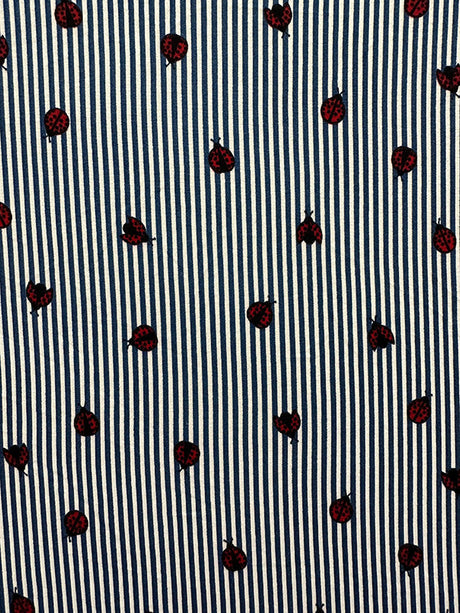 1 Yard Stretchy Double Brushed Jersey Knit Fabric with Blue Stripes & Ladybug Design 58 Inches Wide