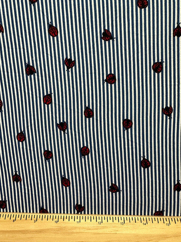1 Yard Stretchy Double Brushed Jersey Knit Fabric with Blue Stripes & Ladybug Design 58 Inches Wide