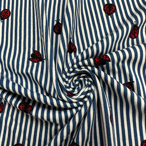 1 Yard Stretchy Double Brushed Jersey Knit Fabric with Blue Stripes & Ladybug Design 58 Inches Wide