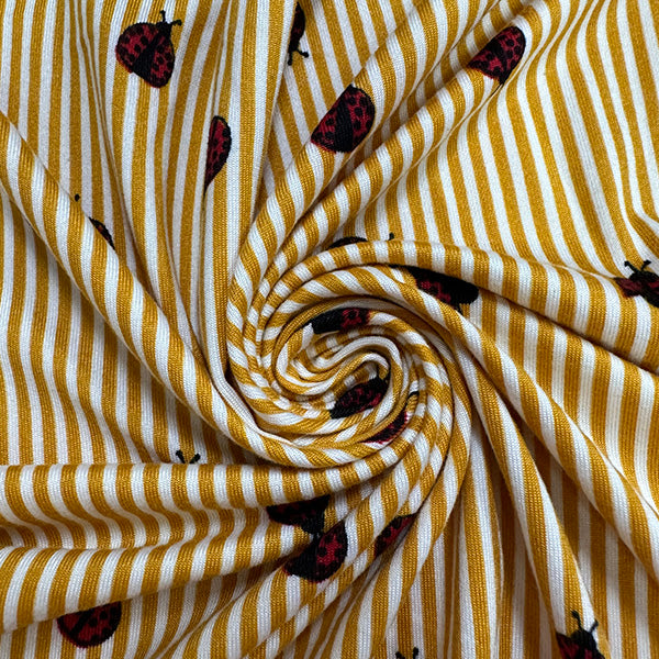 1 Yard Vibrant Gold Stripe Ladybug Pattern Double Brushed Jersey Knit Fabric Stretch 58 Inches Wide