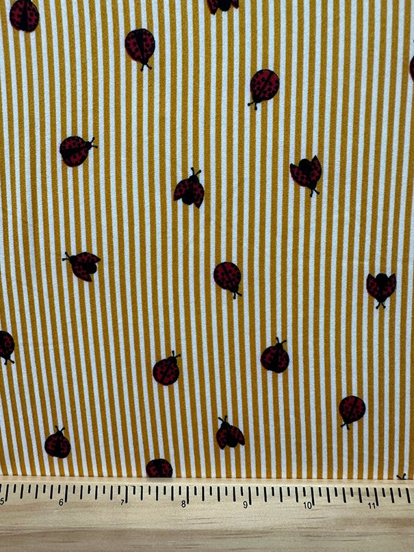 1 Yard Vibrant Gold Stripe Ladybug Pattern Double Brushed Jersey Knit Fabric Stretch 58 Inches Wide