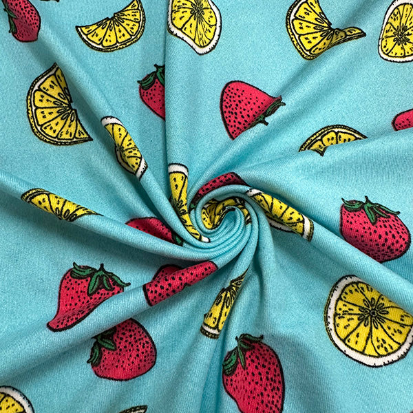 1 Yard Turquoise Fruit Print Double Brushed Jersey Knit Fabric Stretch 58 Inches Wide