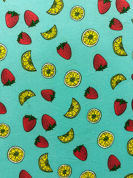 1 Yard Turquoise Fruit Print Double Brushed Jersey Knit Fabric Stretch 58 Inches Wide