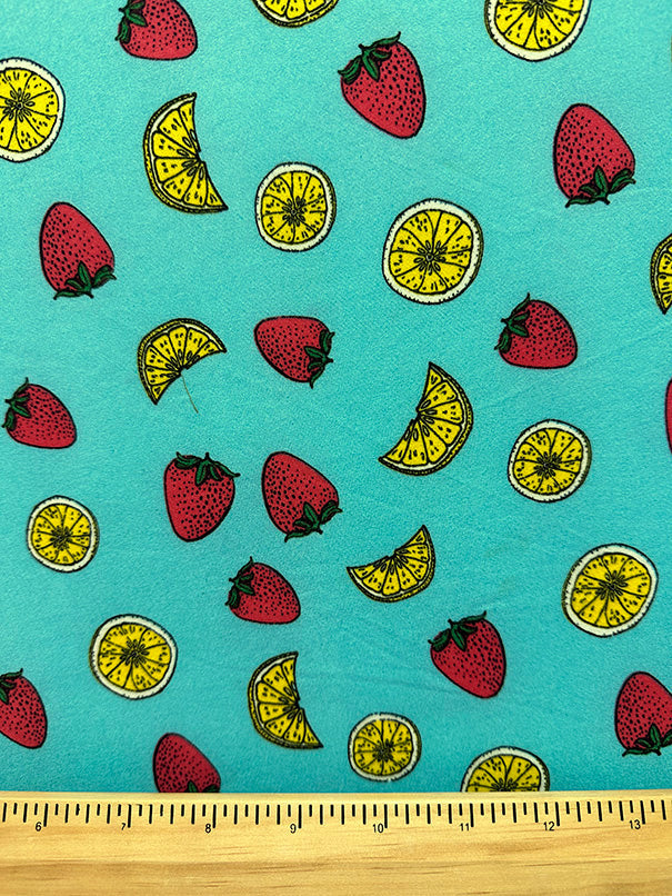 1 Yard Turquoise Fruit Print Double Brushed Jersey Knit Fabric Stretch 58 Inches Wide