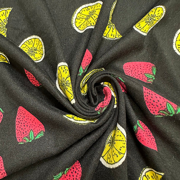 1 Yard Black Double Brushed Jersey Knit Fabric with Vibrant Fruit Print Stretch 58 Inches Wide
