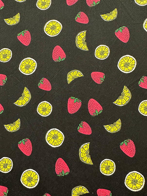1 Yard Black Double Brushed Jersey Knit Fabric with Vibrant Fruit Print Stretch 58 Inches Wide