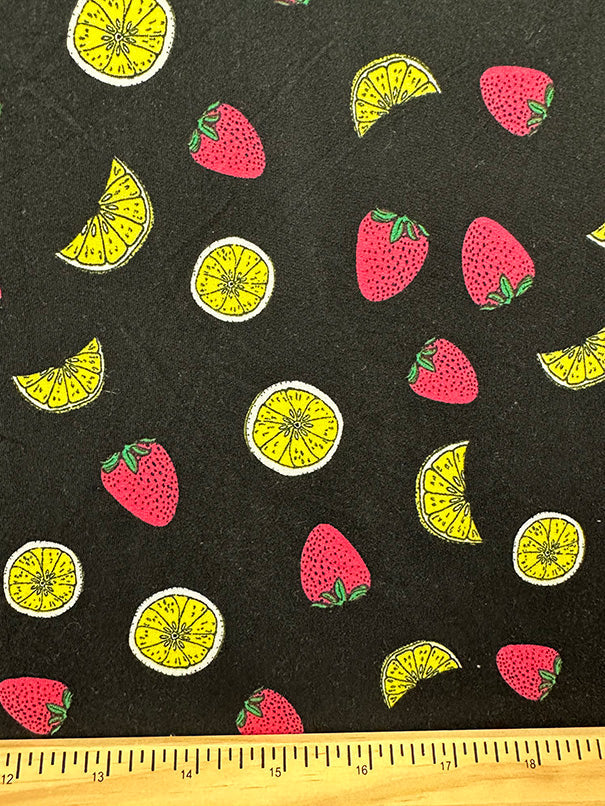 1 Yard Black Double Brushed Jersey Knit Fabric with Vibrant Fruit Print Stretch 58 Inches Wide