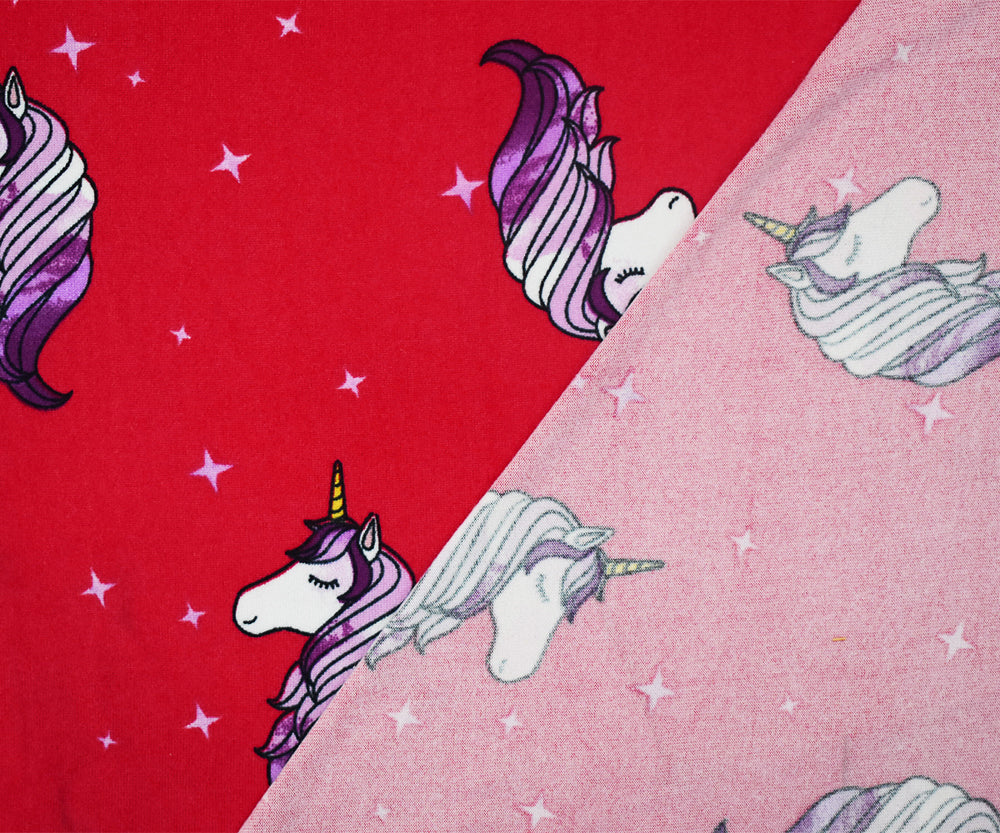1 Yard Red Multi Unicorn Star Print Double Brushed Jersey Knit Fabric Soft Stretch 58 Inches Wide