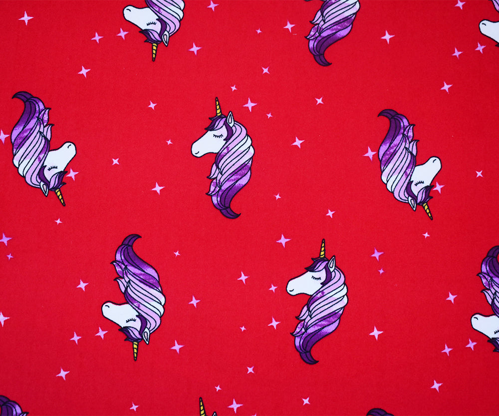 1 Yard Red Multi Unicorn Star Print Double Brushed Jersey Knit Fabric Soft Stretch 58 Inches Wide