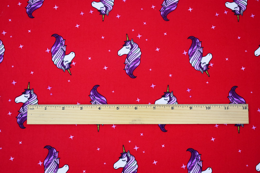1 Yard Red Multi Unicorn Star Print Double Brushed Jersey Knit Fabric Soft Stretch 58 Inches Wide