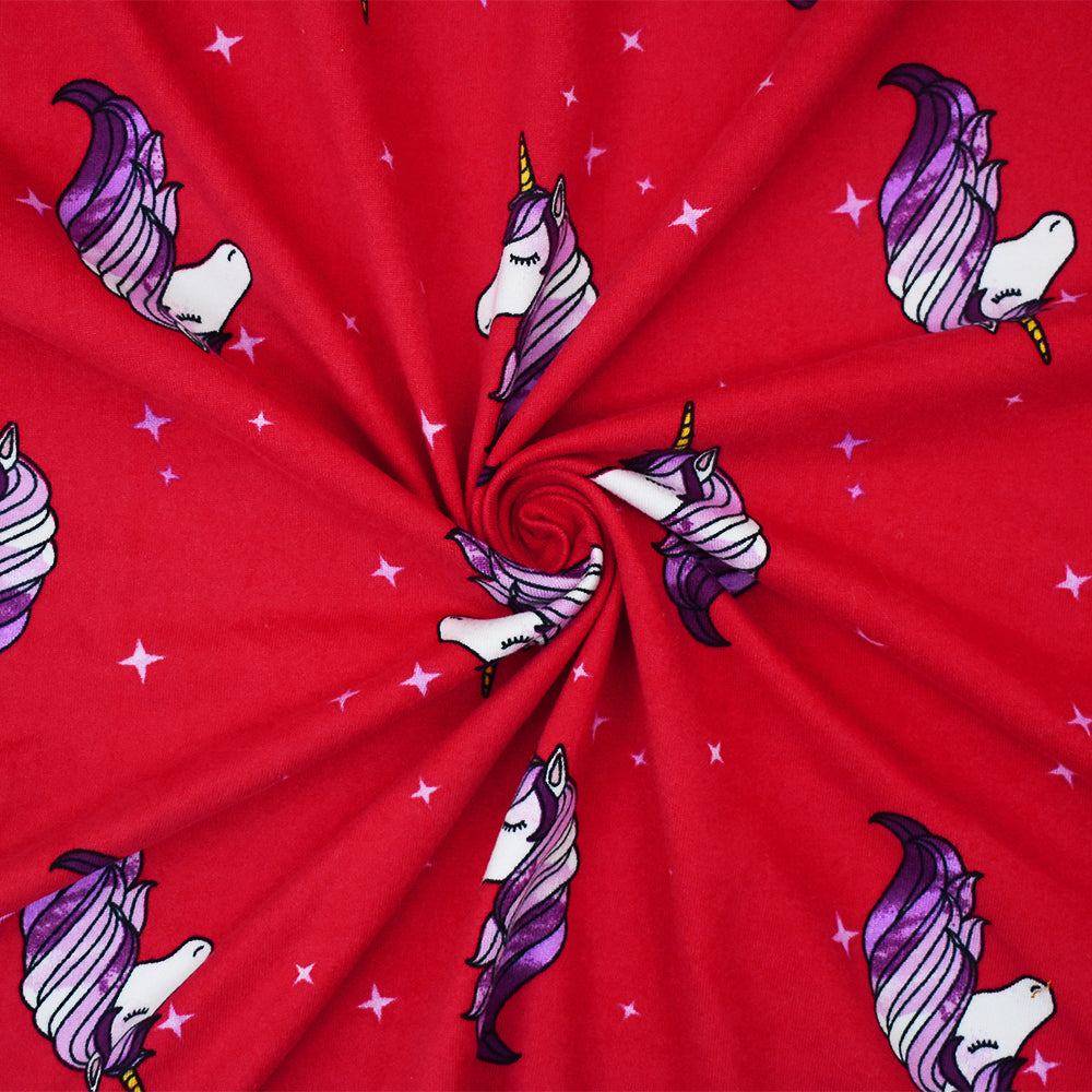 1 Yard Red Multi Unicorn Star Print Double Brushed Jersey Knit Fabric Soft Stretch 58 Inches Wide