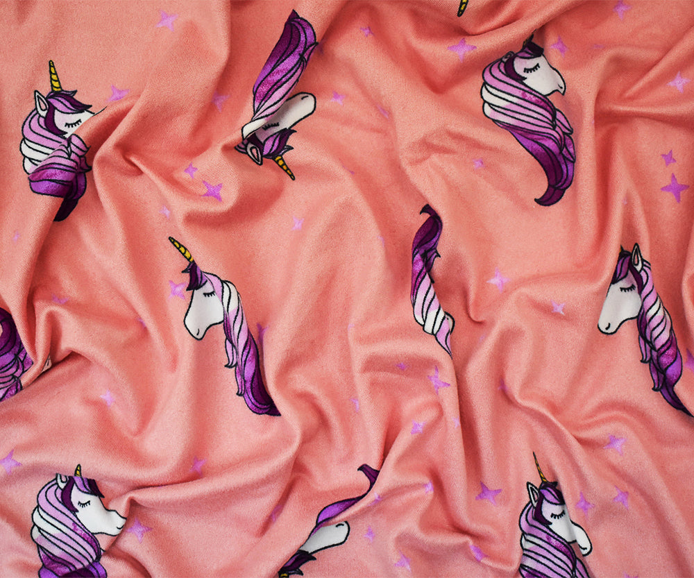 1 Yard Pink Multi Unicorn Star Print Double Brushed Jersey Knit Fabric Soft Stretch 58 Inches Wide