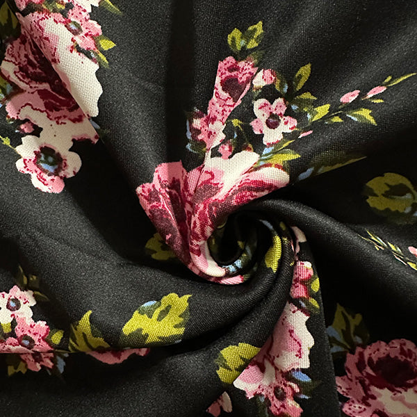 1 Yard Pink Rose Bunch Print Scuba Knit Fabric with Magenta and Ivory 60 Inches Wide