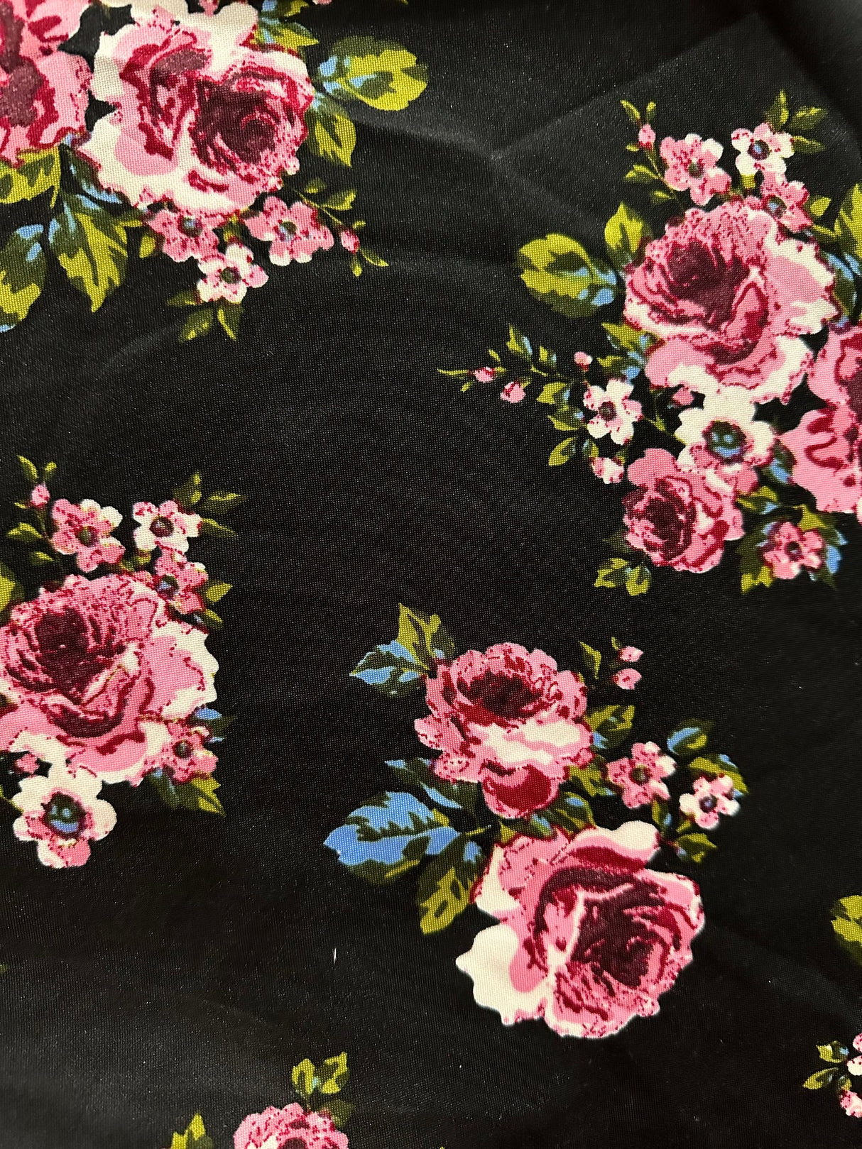 1 Yard Pink Rose Bunch Print Scuba Knit Fabric with Magenta and Ivory 60 Inches Wide