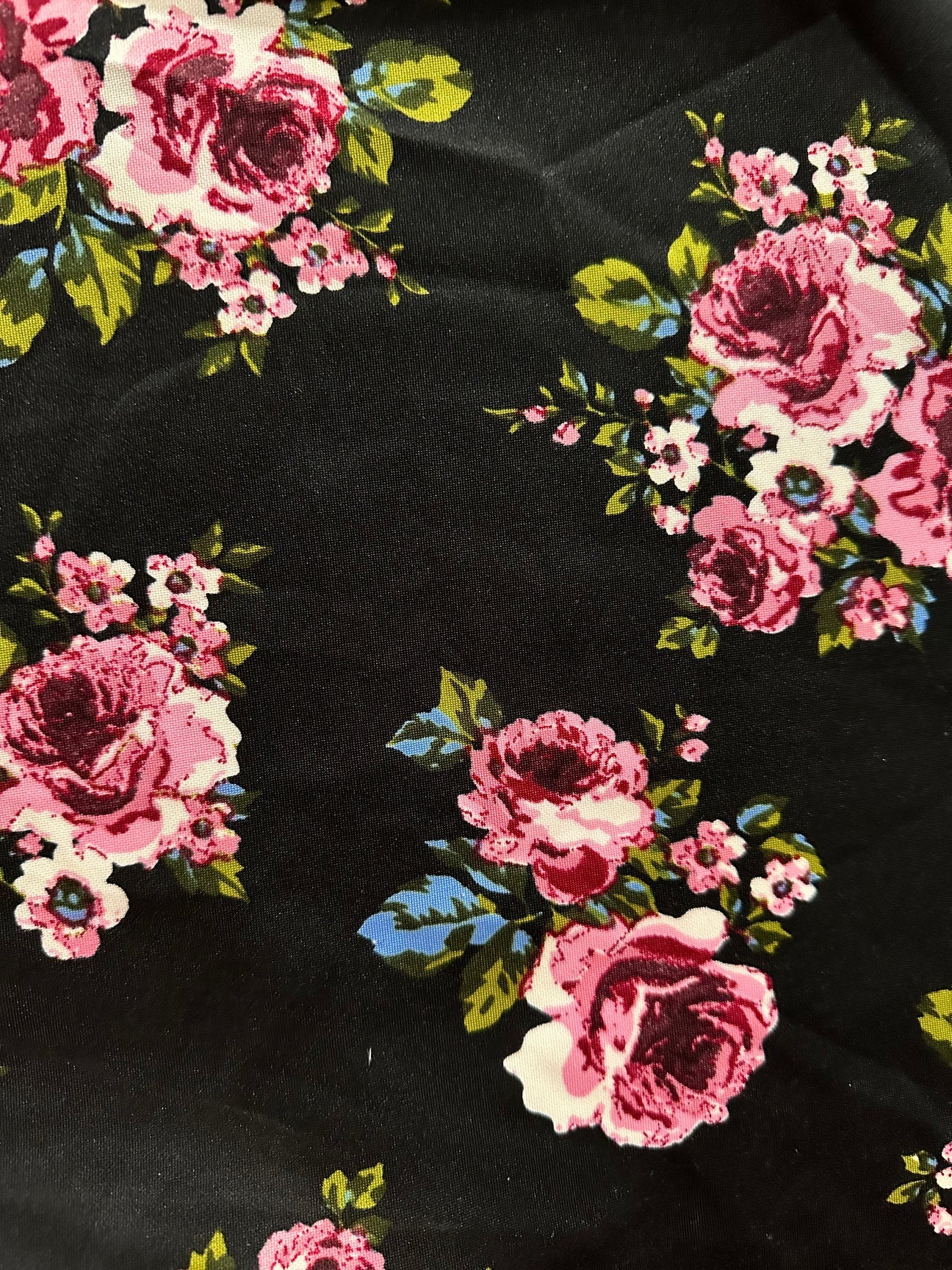 1 Yard Pink Rose Bunch Print Scuba Knit Fabric with Magenta and Ivory 60 Inches Wide