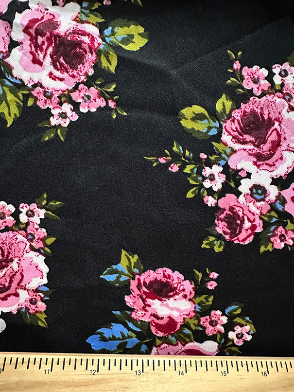 1 Yard Pink Rose Bunch Print Scuba Knit Fabric with Magenta and Ivory 60 Inches Wide