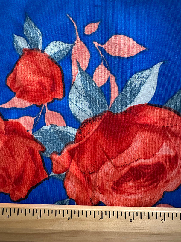 1 Yard Bold Red Rose on Royal Blue Scuba Knit Vibrant, Stretchy Fabric for Statement Outfits, 60 Inches Wide