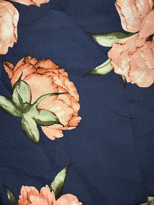 1 Yard Elegant Navy Scuba Knit with Delicate Peach Peony Florals Luxe Stretch Fabric for Dresses, Skirts & Boutique Apparel, 60 Inches Wide