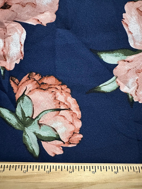 1 Yard Elegant Navy Scuba Knit with Delicate Peach Peony Florals Luxe Stretch Fabric for Dresses, Skirts & Boutique Apparel, 60 Inches Wide