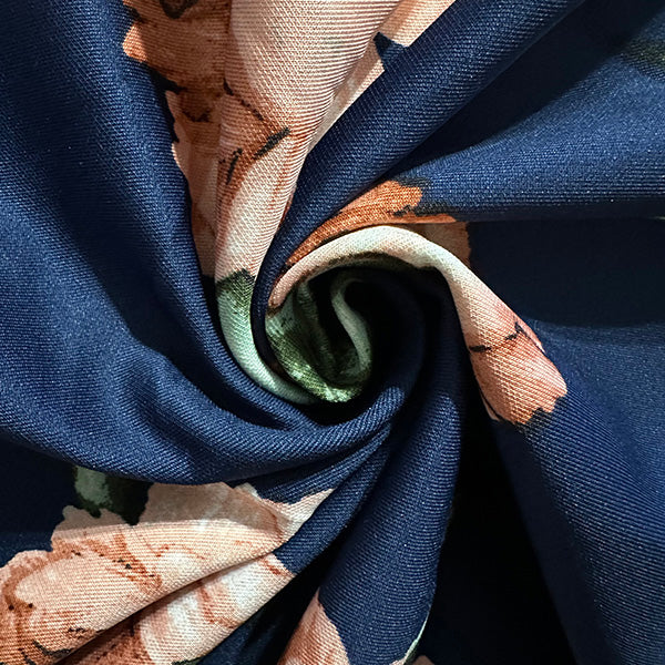 1 Yard Elegant Navy Scuba Knit with Delicate Peach Peony Florals Luxe Stretch Fabric for Dresses, Skirts & Boutique Apparel, 60 Inches Wide