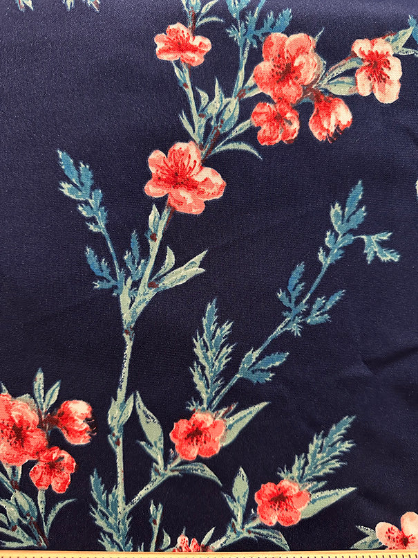 1 Yard Dark Blue Scuba Knit with Floral Sprigs Soft, Structured & Stretchy Fabric for Bold DIY Fashion, 60 Inches Wide