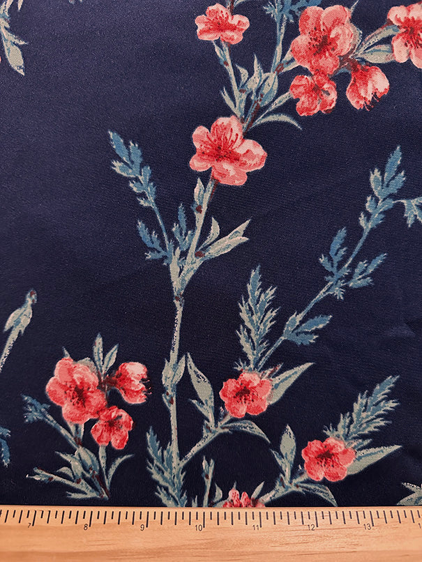 1 Yard Dark Blue Scuba Knit with Floral Sprigs Soft, Structured & Stretchy Fabric for Bold DIY Fashion, 60 Inches Wide