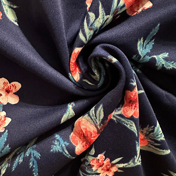 1 Yard Dark Blue Scuba Knit with Floral Sprigs Soft, Structured & Stretchy Fabric for Bold DIY Fashion, 60 Inches Wide