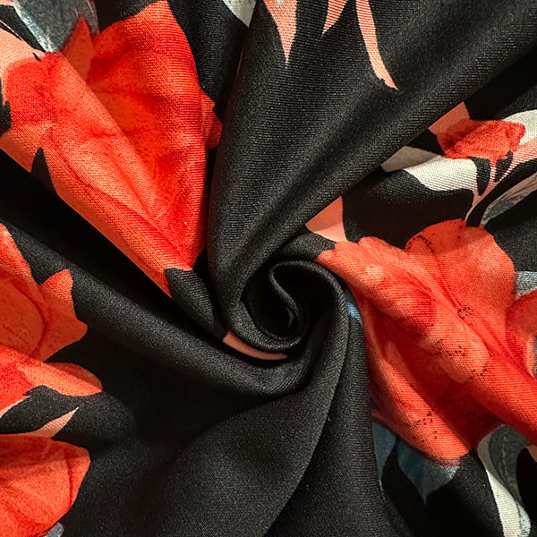 1 Yard Bold Black Scuba Knit with Red Coral Rose Pattern Stretchy & Sleek Fabric for Fashion-Forward Designs, 60 Inches Wide