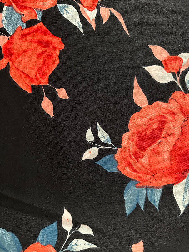 1 Yard Bold Black Scuba Knit with Red Coral Rose Pattern Stretchy & Sleek Fabric for Fashion-Forward Designs, 60 Inches Wide