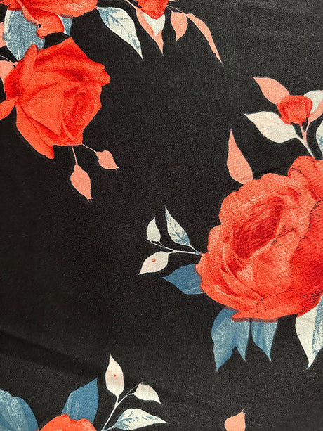 1 Yard Bold Black Scuba Knit with Red Coral Rose Pattern Stretchy & Sleek Fabric for Fashion-Forward Designs, 60 Inches Wide