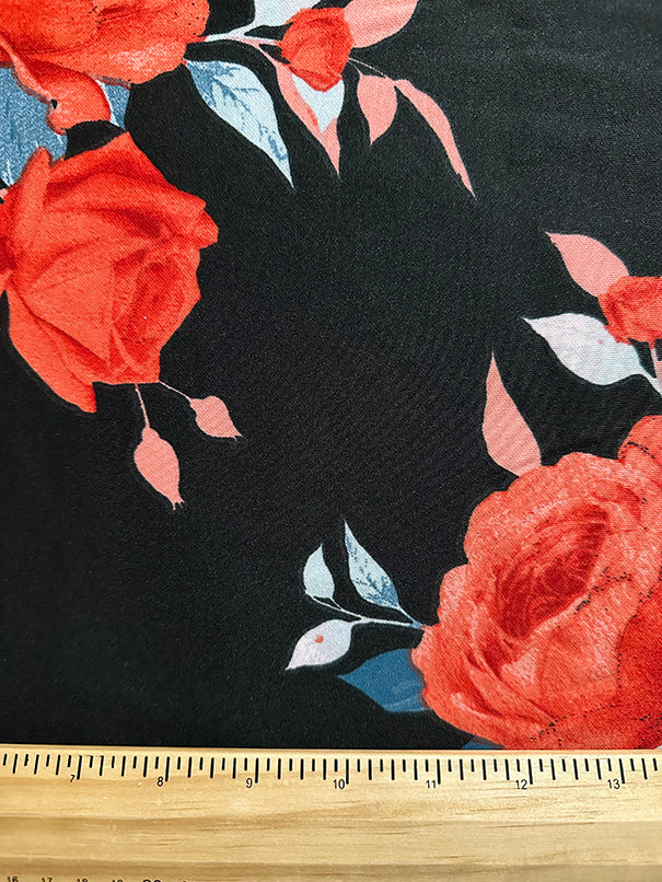1 Yard Bold Black Scuba Knit with Red Coral Rose Pattern Stretchy & Sleek Fabric for Fashion-Forward Designs, 60 Inches Wide