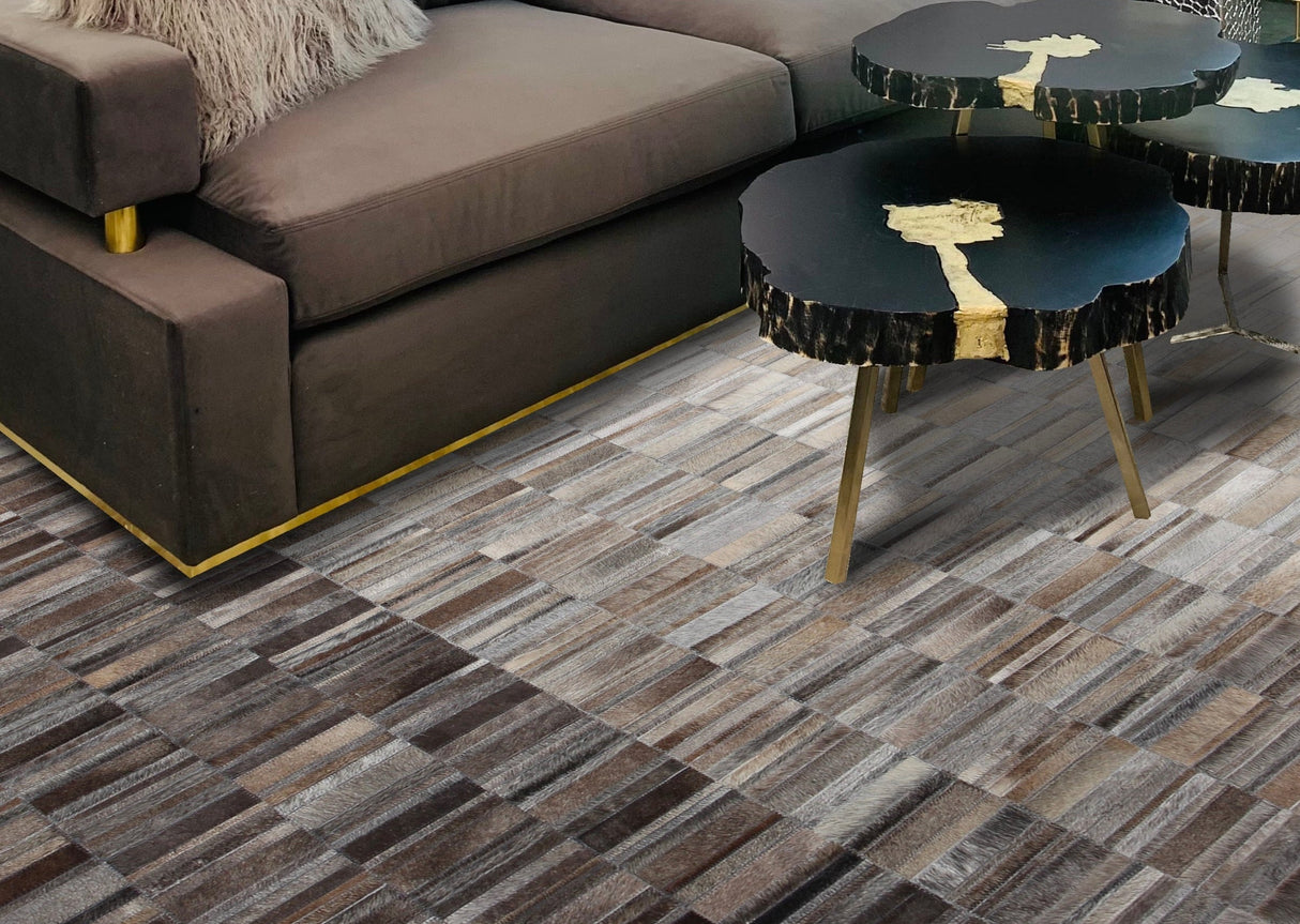 Fade Mocha White Patchwork Cowhide Fabric - Brown/White Faded, Area Rug, 5' X 7', 8' X 10', 9' X 12' (1 Unit)