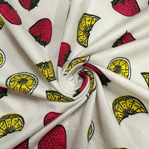 1 Yard White Double Brushed Jersey Knit Fabric with Colorful Fruit Pattern Stretch 58 Inches Wide