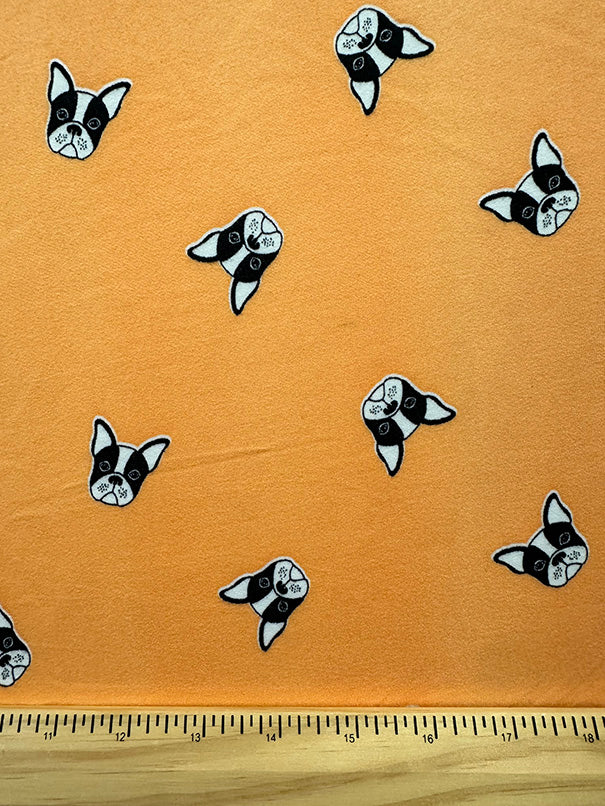 1 Yard Bulldog Jersey Knit Black & White Dogs on Light Orange Matte Drape 58 Inches Wide