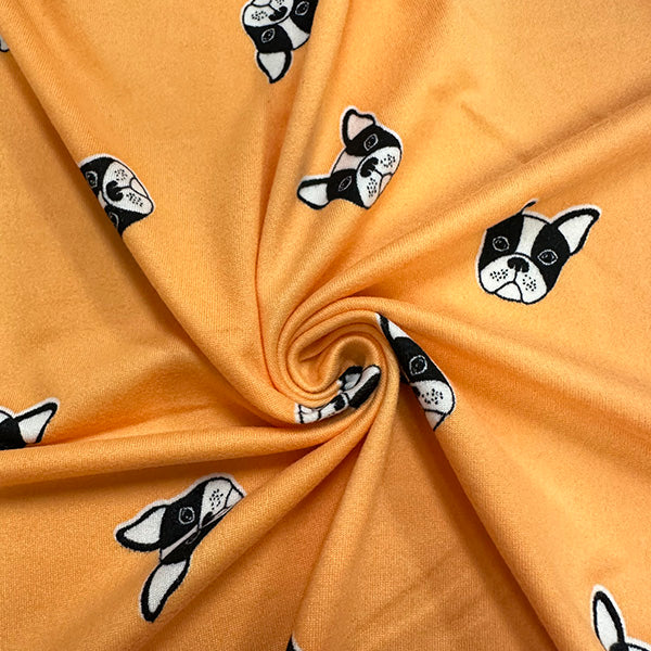 1 Yard Bulldog Jersey Knit Black & White Dogs on Light Orange Matte Drape 58 Inches Wide