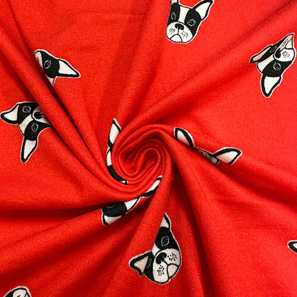 1 Yard Bright Red Bulldog Print Double Brushed Jersey Knit Fabric Stretch 58 Inches Wide